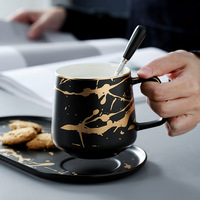 Tasse à café en céramique, de marbre doré, vendu avec assiette et soucoupes, pour le lait, le petit déjeuner, en porcelaine