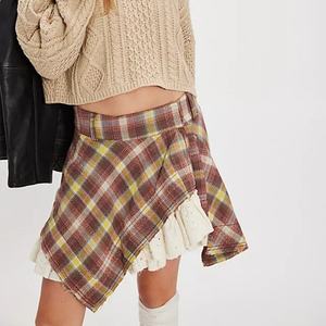 กระโปรงลายสก็อตแบบวินเทจปี 2025 ดีไซน์แบบ OEM ตัดเย็บแบบอสมมาตร แต่งระบาย สำหรับแฟชั่นผู้หญิง - Product Image 3