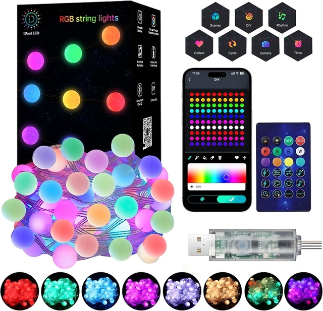 16.4ft 50LED Smart Fairy String Light RGB Balloon String Light App Remote Control Mini LED Twinkle Ball Hanging Light for Indoor