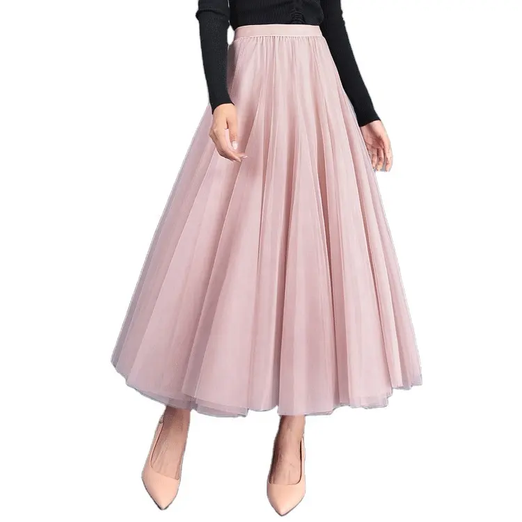 Wholesale Female Solid Color Mesh Pleated Long Skirt Elastic Waist A-line Long Maxi Tulle Women Skirts