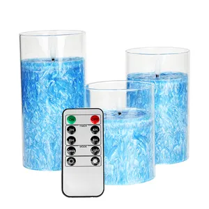 Velas LED de cera cristalina azul Apariencia de Pilar LED Velas Iglesia Templo Decoración del hogar Vela LED con control remoto