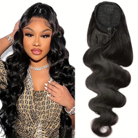 Extensions de queue de cheval Body Wave Remy, 100% cheveux humains brésiliens, noir naturel, ondulés, à clipser et avec cordon de serrage, 26 pouces