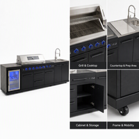 Station de barbecue commerciale professionnelle avec brûleur à gaz, réfrigérateur intégré, évier de préparation et rangement antirouille pour club de plage et maison de vacances