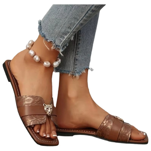 Sandales d'été pour femmes à bride unique, motif tête de léopard, plates, à enfiler, décontractées, respirantes, polyvalentes, chaussures de mode - Product Image 5