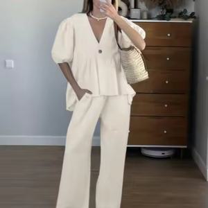 Conjunto de 2 Piezas para Mujer, Top Corto Casual Holgado con Cuello en V, 100% Algodón de Color Sólido, Cintura Elástica, Precio Bajo y Alta Calidad - Product Image 2