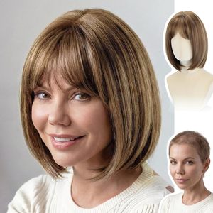 Peluca Corta Estilo <span class=keywords><strong>Bob</strong></span> Color Marrón Miel Claro con Flequillo para Mujeres Blancas, 12 Pulgadas, Lisa - Product Image 1