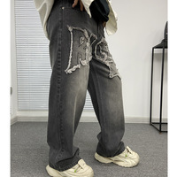 Jeans en Denim Personnalisés pour Homme, Coupe Ample, Style Streetwear, Délavé à l'Acide, avec Lettres et Écusson Brodés