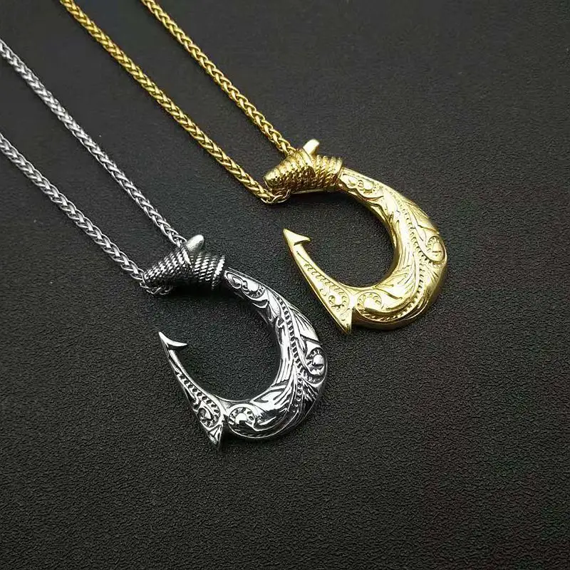 Hip Hop Stainless Steel 18K Gold Plated Nordic Viking Fish Hook Pendant Necklace Jewelry