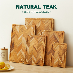 Nouvelle planche à découper en teck double face avec rainures pour jus, motif chevrons, petit format, idéale pour la viande et les charcuteries, en coffret cadeau - Product Image 1