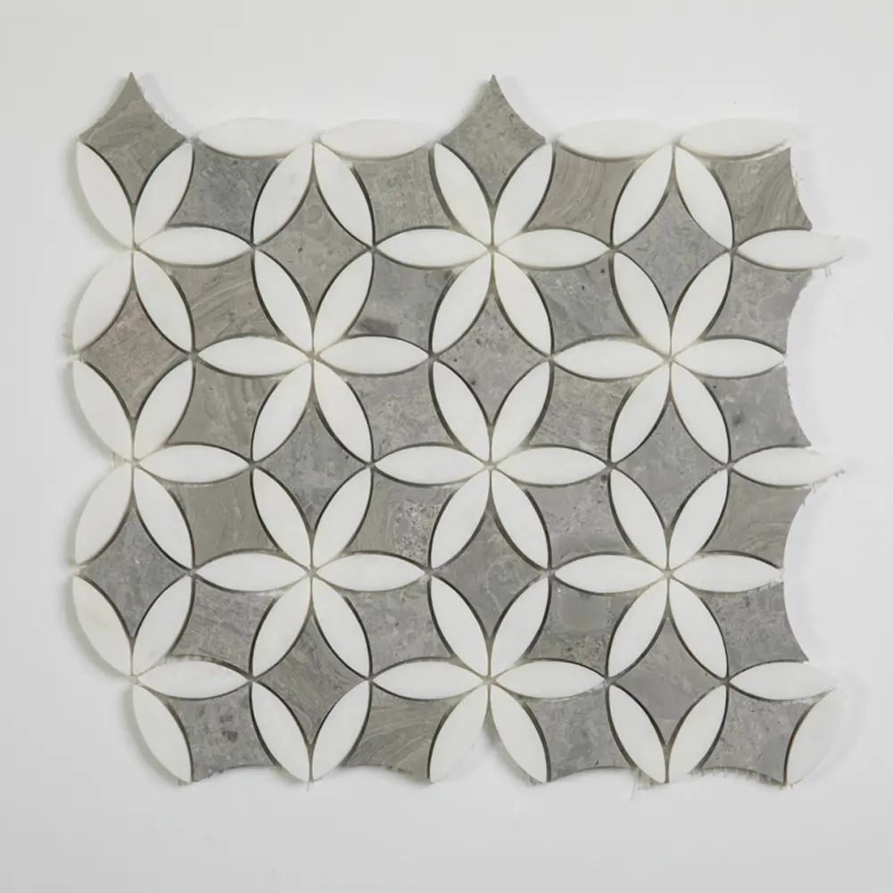 Piso em forma de flor de mármore, branco e cinza design mosaico de azulejos de banheiro