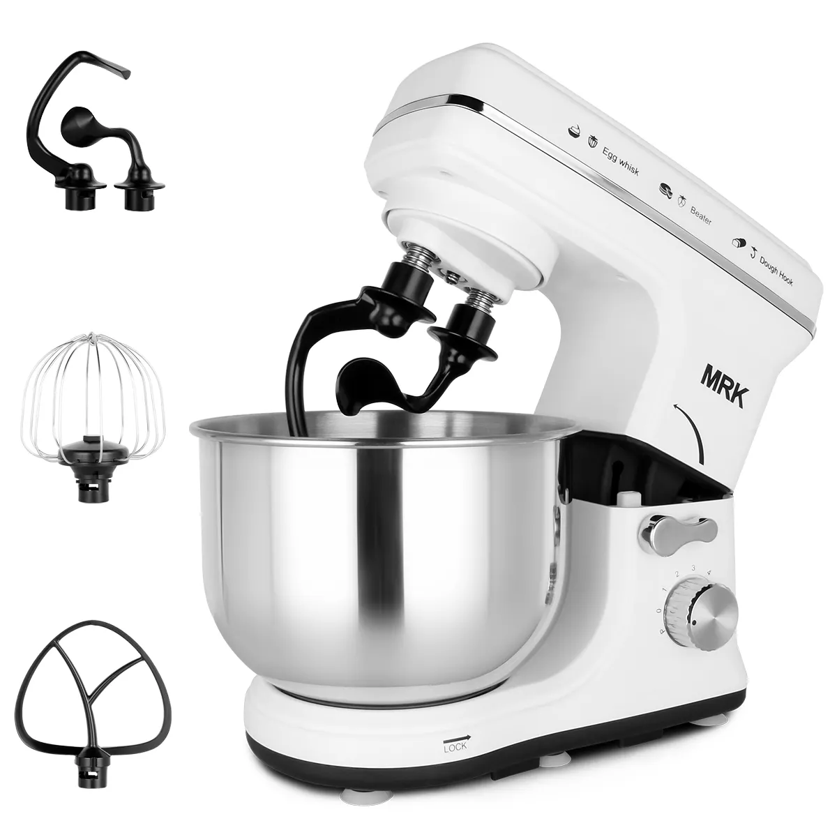 Pronto per la spedizione MRK bianco Stand Mixer 4L 600W 6 Velocità Tilt-head Elettrico Pasta Alimentare Mixer con SS Ciotola, gancio per impastare, Frusta, Frullino Per Le Uova