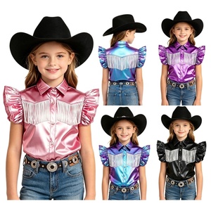 Camisa vaquera metálica para niñas con volantes en las mangas y garfio con flecos, tops para baile country, camisa de rodeo para niños, para actuaciones - Product Image 1