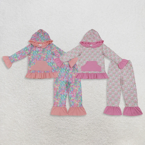 Wholesale Casual <b>Cute</b> Floral Bunny Pattern Eco-Friendly Kids Sister Matching Clothes Ruffle Hoodie Bell Bottom Pant Set - Product Image 1