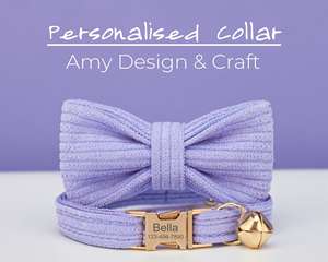 ชุดปลอกคอและสายจูงสัตว์เลี้ยงแบบกำมะหยี่สีม่วงไลแลค พร้อมป้ายชื่อสลักชื่อฟรีสำหรับลูกแมว/ลูกสุนัข พร้อมกระดิ่งทอง - Product Image 3