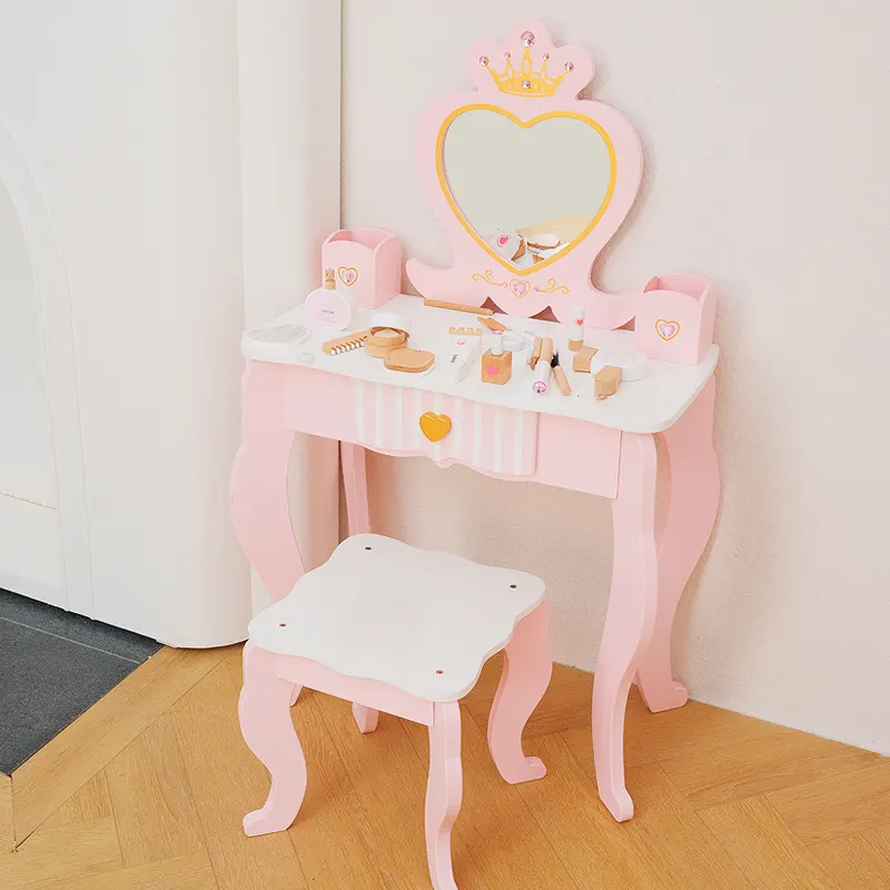 Vroege Educatieve Houten Doen Alsof Rollenspel Prinses Dressing Make-Up Tafelstoel Set Roze Speelgoed Dressoir Toilettafel Voor Meisje