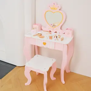 Early Educational Wooden Pretend Role Play Princess Dressing Makeup Table Chair Set Pink Toys Dresser Toilet Table For Girl