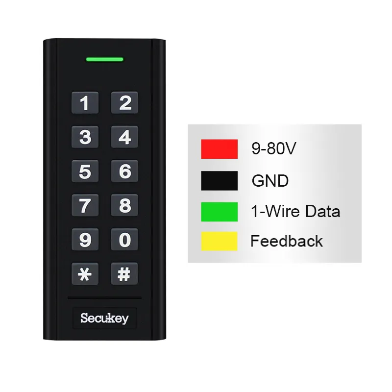 2024 Secukey Newest Standard 1-Wire Protcol Wide Voltage 9~80V DC,125KHz EM & HID Card Mifare Card Keypad Reader Access Control