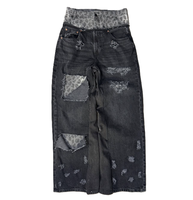 Jean baggy noir délavé pour homme, imprimé léopard, patchwork, effet usé, coupe large, style streetwear