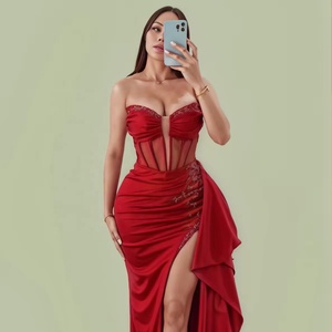 Abito da sera in raso rosso 2024 elegante con spacco lungo al ginocchio con decorazioni a volant in pizzo per <span class=keywords><strong>matrimonio</strong></span> <span class=keywords><strong>damigella</strong></span> d'onore - Product Image 2