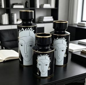 Vasi in Ceramica Nera <span class=keywords><strong>con</strong></span> Illustrazioni Artistiche di Volti Femminili e Finiture in Oro - Product Image 4