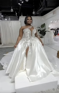 Vestidos de novia de satén africanos personalizados 2026, corte A, tallas grandes, sexys, con abertura alta, brillantes, de un solo hombro - Product Image 2
