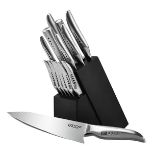 QXF Hot Sale Stainless Steel Shark Series Patent Hollow Handle Chef Knife Set With Wood Knife Block