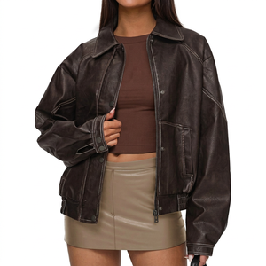 Chaqueta Bomber de Cuero PU para Mujer, Manga Larga, Cierre de Cremallera, Cuello Camisero, Estilo Otoñal, Corta, Color Sólido - Product Image 1