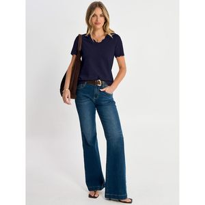 FOXA Pull en tricot côtelé à manches courtes et col en V pour femme, haut décontracté léger d'été - Product Image 3