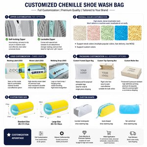 Sac de lavage pour baskets à fermeture éclair, en microfibre chenille épaissie, maille alvéolée, ouverture latérale, protection intégrale, directement de l'usine - Product Image 5
