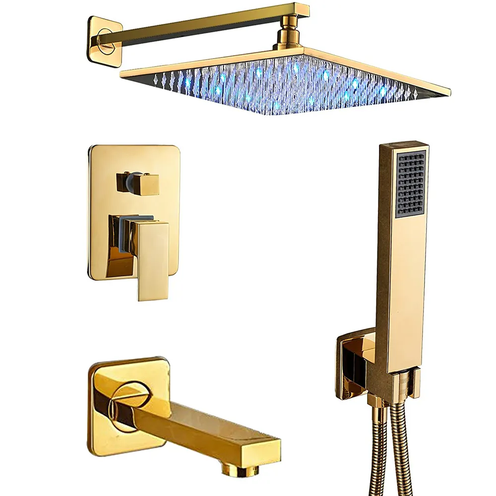 Aquacubic Brushed Gold Bath Tub Shower System Bathroom Rain Shower Head Shower Set with Handheld Combo Set Tub Spout