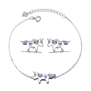 Bijoux cheval <span class=keywords><strong>bleu</strong></span> ornement, <span class=keywords><strong>ensemble</strong></span> de boucles d'oreilles, argent véritable 925, Bracelet licorne, pour adolescents - Product Image 4
