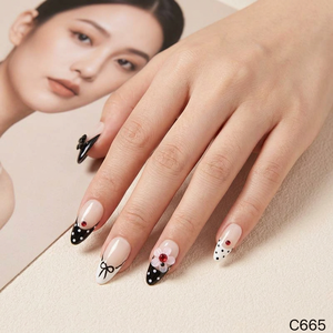 เล็บปลอม PMMA ทำมือ รุ่น C665 ทรงอัลมอนด์ ปิดเต็มเล็บ สไตล์ยุโรป ลายดอกไม้ โบว์ จุด สำหรับนิ้วมือ - Product Image 4
