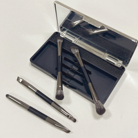 Ensemble de 4 pinceaux de maquillage double embout en poils synthétiques pour contour des lèvres, anticernes, fard à paupières et sourcils, avec étui miroir compact portable