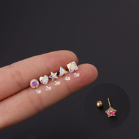 Pendientes de Acero Inoxidable con Piedras de Circonita Cúbica AB en Forma de Corazón, Estrella, Cuadrado y Redondo para Perforaciones de Hélice, Cartílago, Trago y Lóbulo