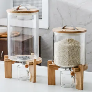 Estilo nórdico 5/7 5kg de harina de cereales y contenedor de vidrio arroz dispensador con tapa hermética y soporte de madera