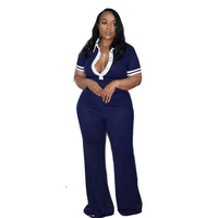 Vente en gros de combinaison élégante à coupe ajustée et à revers de couleur contrastée élastique combinaison décontractée grande taille à la mode et sexy pour femmes