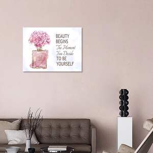 Quadro da Parete con Bottiglia Dorata e Fiori Rosa, Stampa su Tela, Stile Moderno, Parole Ispirazionali, Decorazione Kratos per Bagno - Product Image 3