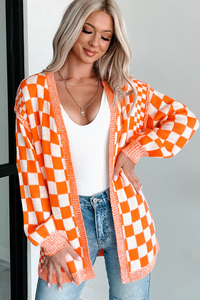 Shewin <span class=keywords><strong>Cardigan</strong></span> 2025 di Halloween da donna Casual <span class=keywords><strong>arancione</strong></span> a scacchi a scacchi aperto in maglia lunga da donna - Product Image 2