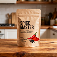 Sac d'emballage alimentaire en papier kraft mat personnalisé avec fermeture éclair en aluminium, debout, pour poudre de chili, épices, assaisonnement