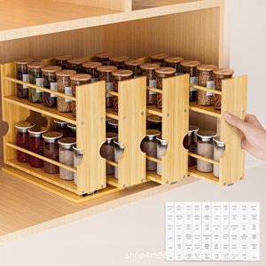 Solid Wood Sliding Pull Out Spice <b>Rack</b> Double Layer Countertop Cabinet <b>Storage</b> Organizer For Jar <b>Bottle</b> <b>Storage</b> - Product Image 1