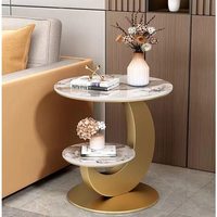 Table d'appoint ronde à 2 niveaux en pierre frittée, avec cadre en fer noir courbé, table d'appoint moderne pour canapé, salon, chambre à coucher, décoration intérieure