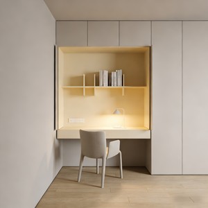 Bibliothèque à portes coulissantes avec bureau dissimulé, <span class=keywords><strong>commode</strong></span> en bois crème - Personnalisable OEM - Product Image 2