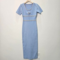 Robe midi en tricot pour femme, manches courtes bouffantes, col rond, appliques florales, robe pull décontractée d'été, étiquette personnalisée, fabrication en usine