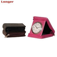 LG2027 Mini réveil de voyage pliant en cuir PU avec logo personnalisé Style classique Cadeau de Noël Article en gros Horloges de bureau de style chaud