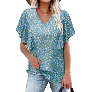 เสื้อเชิ้ตแฟชั่นผู้หญิง แขนสั้น คอวี ลายดอกไม้ จับจีบระบาย ขายดี - Product Image 2