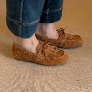 Chaussures décontractées vintage en cuir véritable de mouton pour femmes, style européen, doublure polaire, à pampilles givrées, à lacets, bout rond, plates, à enfiler - Product Image 3