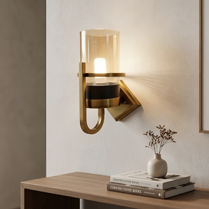 Direct Manufacturer Aether Ring Modern Black & Gold Wall Sconce Cylinder Amber Glass <b>LED</b> Bedside Lamp 3-Year Warranty - Product Image 5