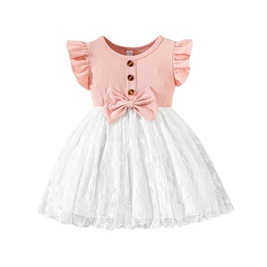 ชุดเดรสเด็กผู้หญิงแขนระบายประดับโบว์ใหญ่ผ้าลูกไม้ปะติดปะต่อสไตล์เจ้าหญิงลำลองสำหรับฤดูร้อน - Product Image 5