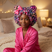 Bonnet de nuit en satin doublé imprimé léopard pour femme, bonnet de nuit en peluche avec oreilles d'animaux pour cheveux bouclés, tressés et naturels