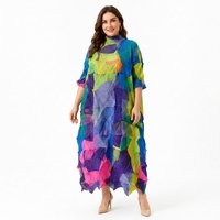 Robe longue plissée color block pour femme, col montant, manches trois quarts, coupe ample, grande taille, style Miyake, vente en gros